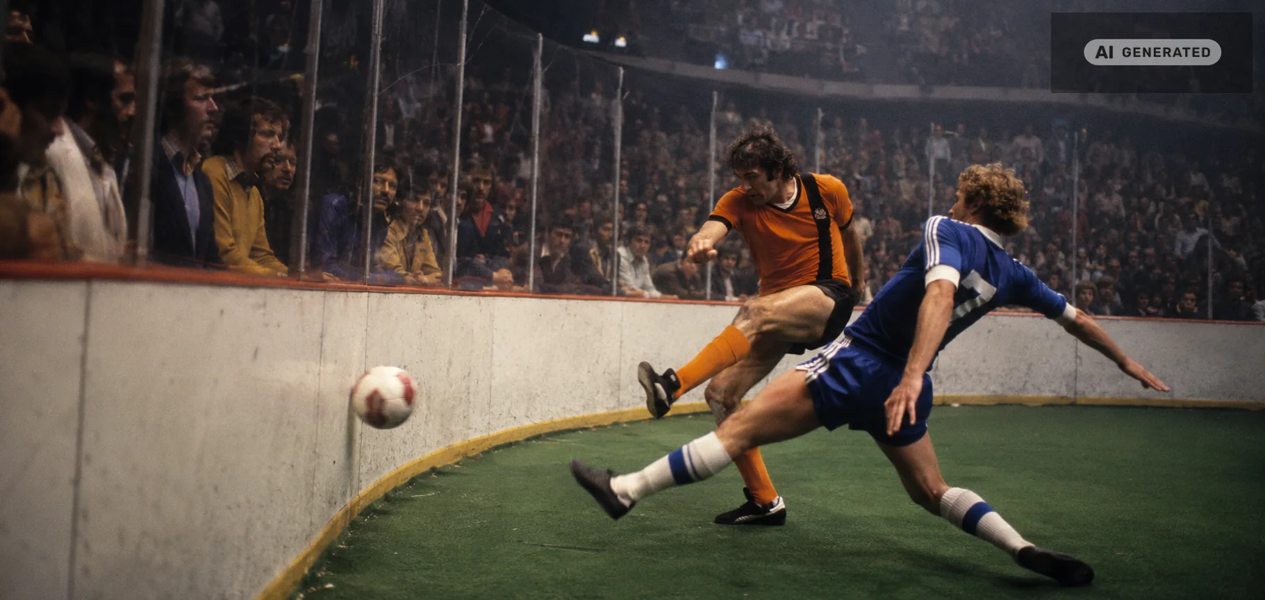 An indoor soccer match in the boards era: an attacker strikes the ball against the perimeter boards while a defender lunges across the turf, spectators pressed behind the plexiglass. (AI-generated image)